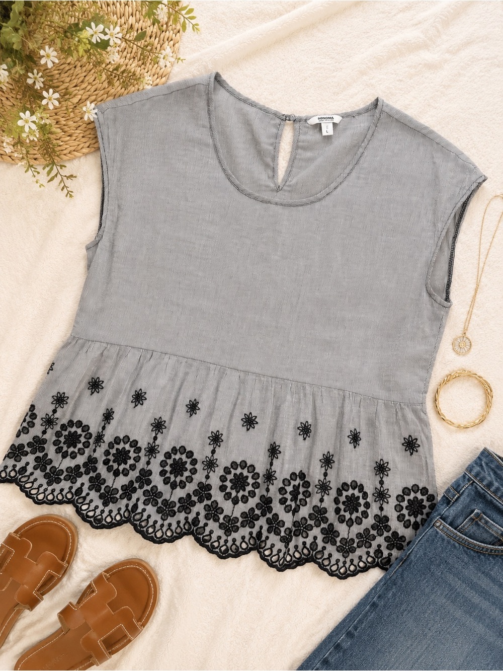 Sonoma Gray Pinstripe Embroidered Peplum Top Size Large Boho Cottagecore